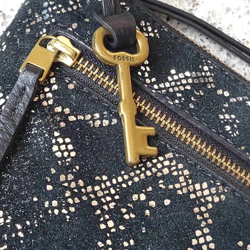 FOSSIL Fiona Leather Suede Silver Metallic Snakeskin Small Crossbody Adjustable - Picture 6 of 12